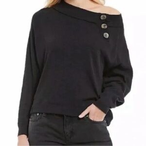 Free People | Black Don't Forget Me Knit Button Off The Shoulder Tee Size Small
